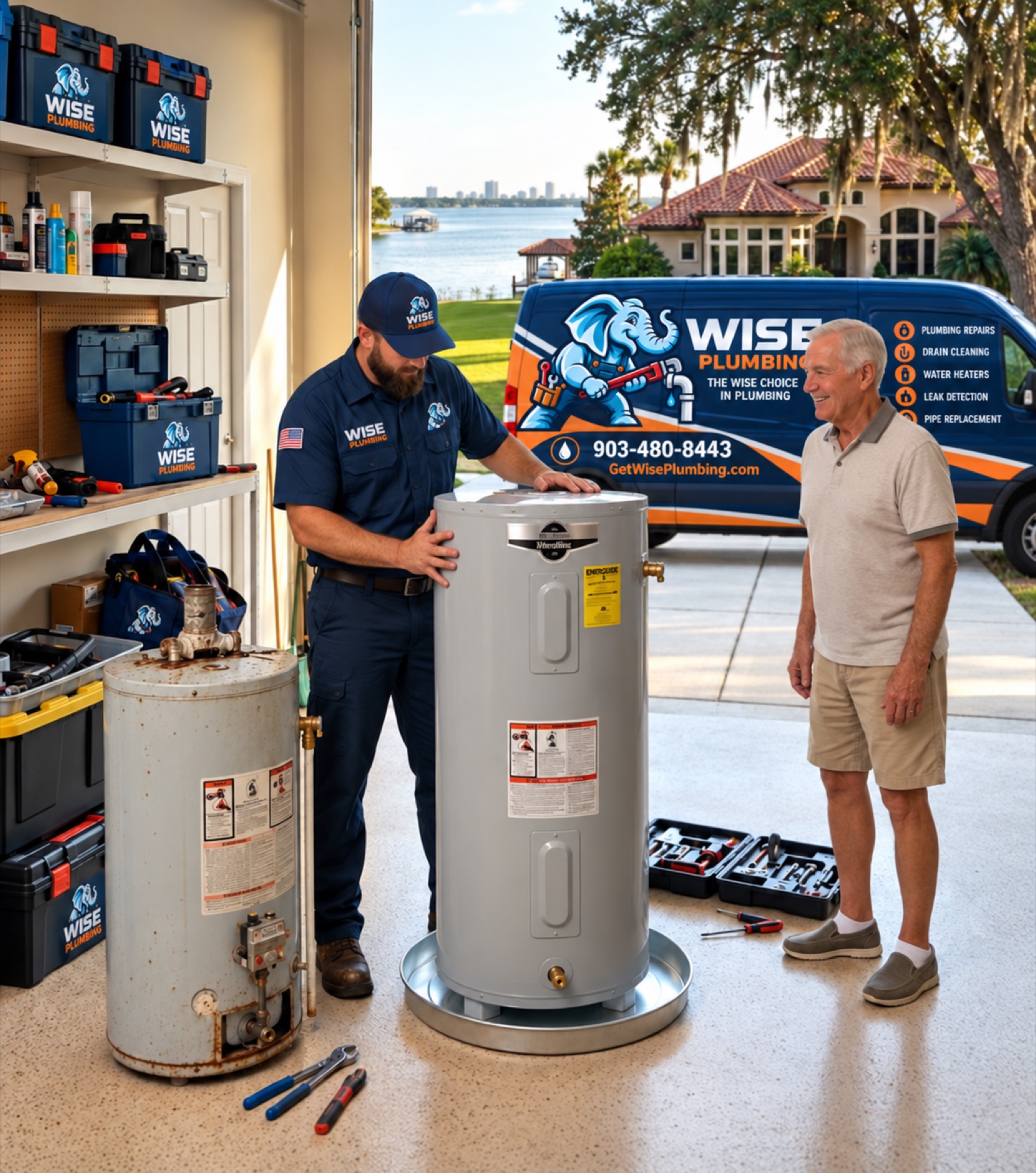 Wise Plumbing technician consulting with a homeowner about a water heater replacement