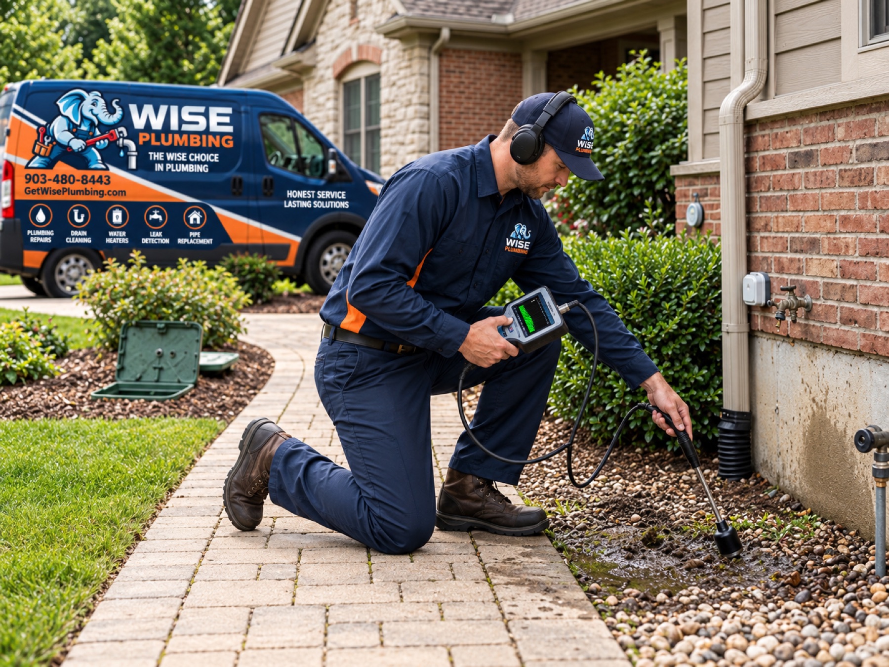 Wise Plumbing technician performing leak detection outside a Tyler, TX home